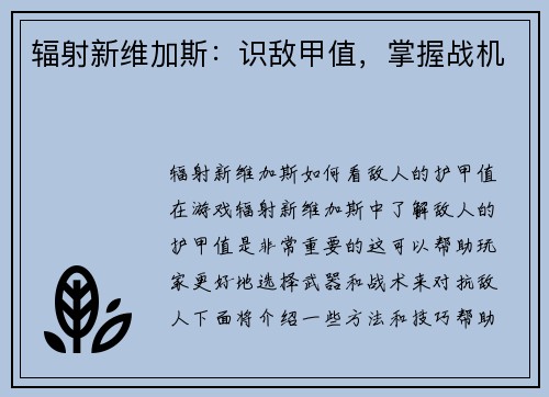 辐射新维加斯：识敌甲值，掌握战机